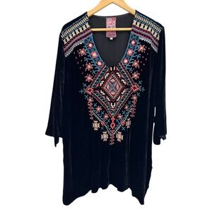 JWLA Johnny Was Black Velvet Embroidered Tunic Top Boho Luxe Festival XL Western